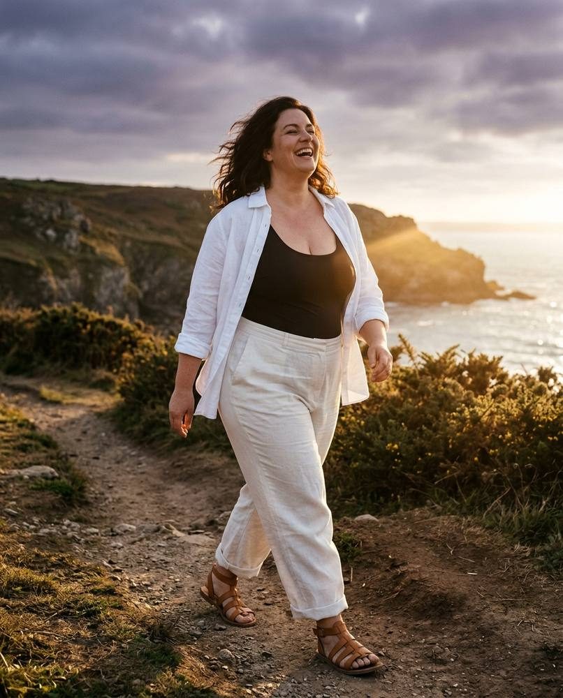Hannah laughing on a coastal path at dusk in a white linen shirt and wide trousers