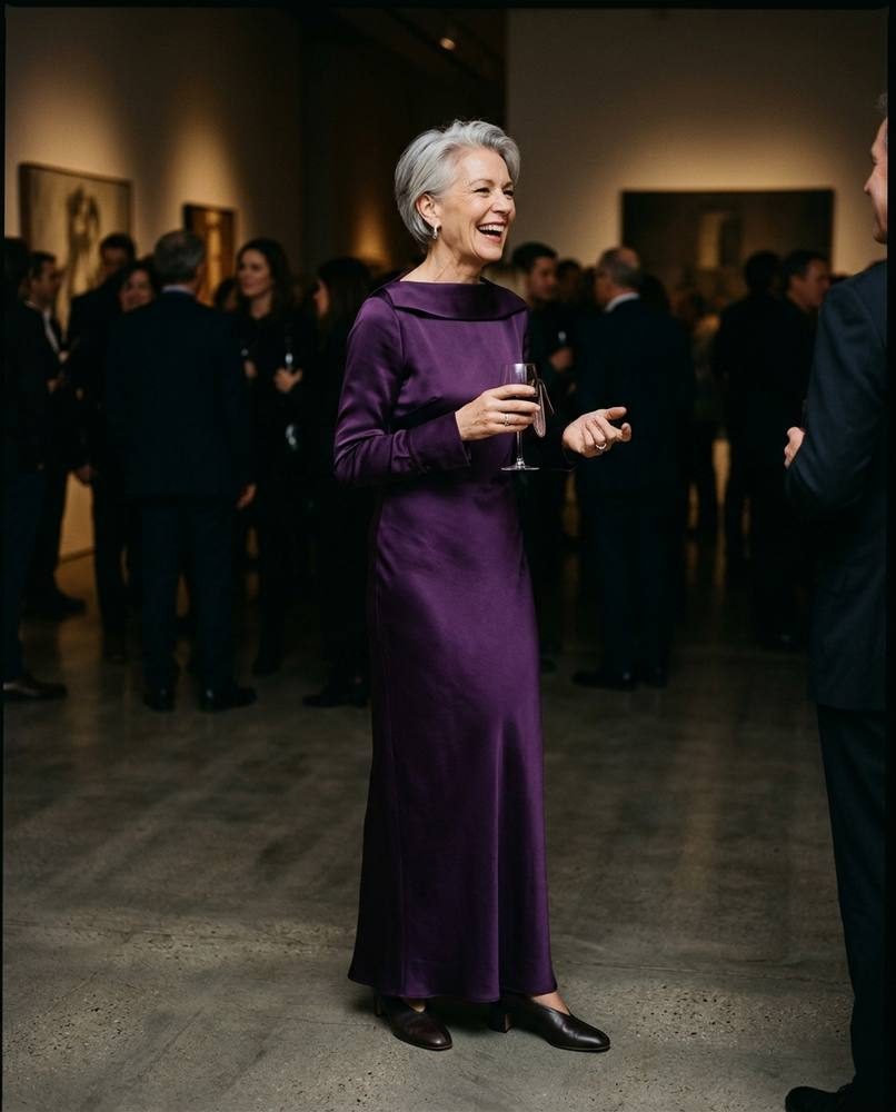 Ingrid mid laugh at a gallery opening in an amethyst silk column dress