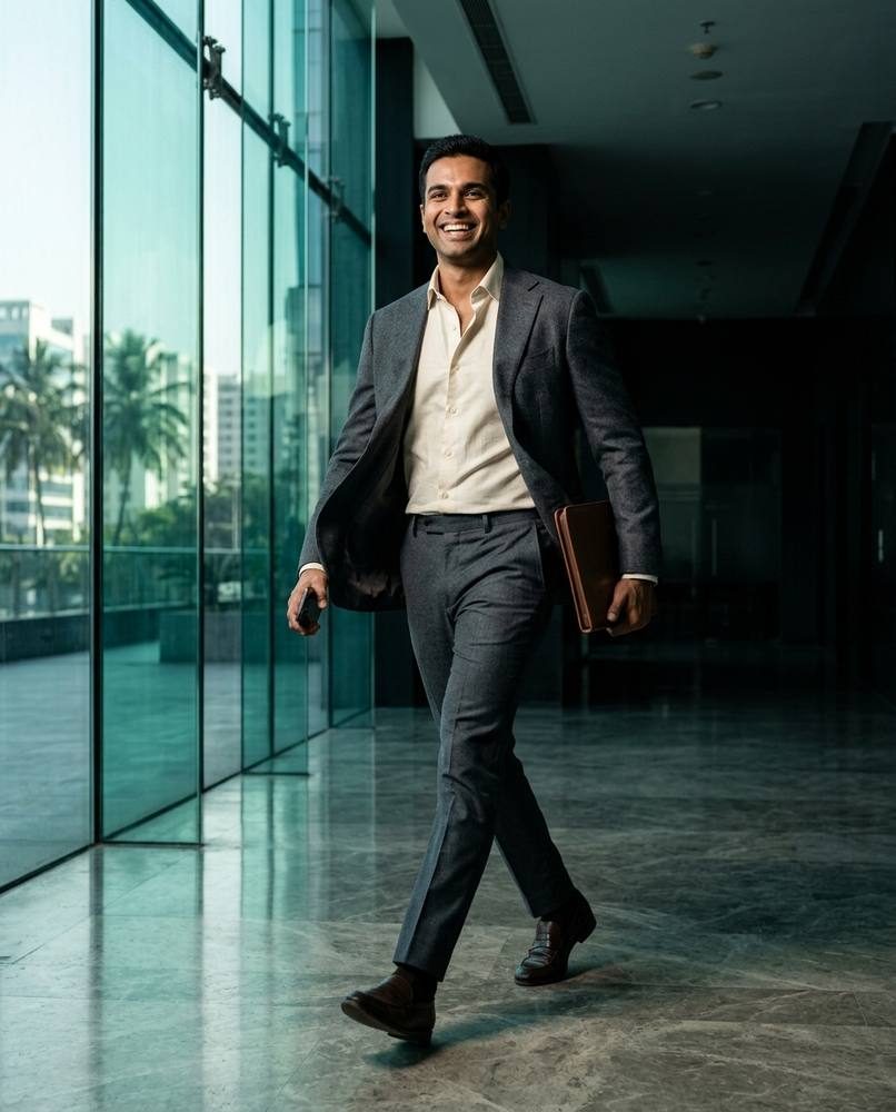 Kabir striding out of an interview in a charcoal soft shouldered blazer