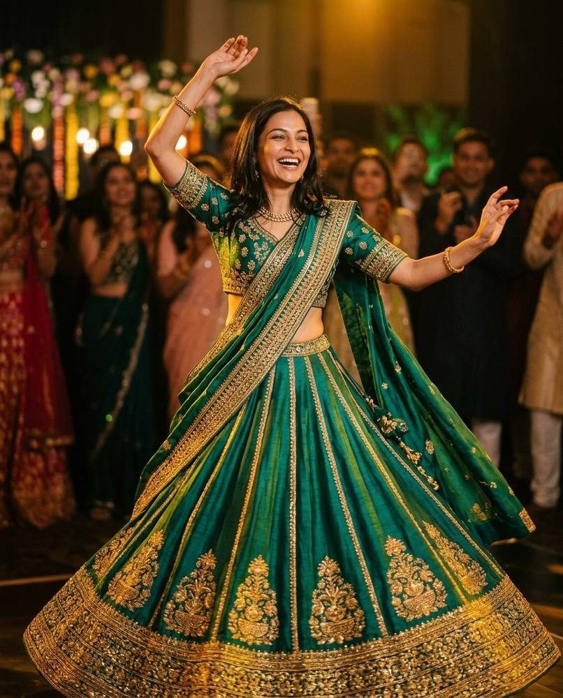 Priya in a peacock green lehenga with gold zardozi, mid twirl at the sangeet